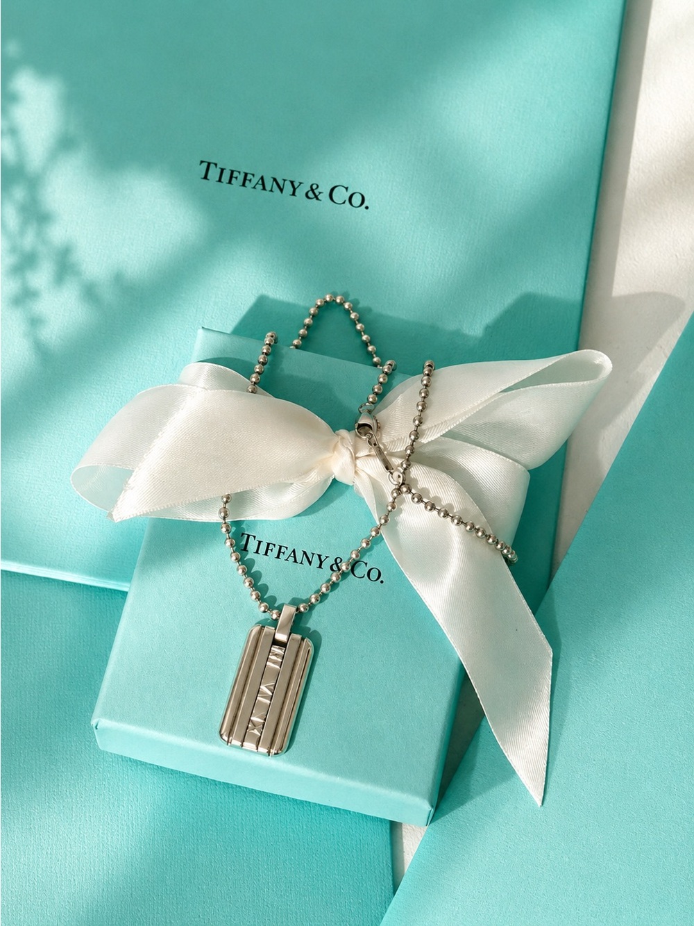 Authentic Tiffany & Co. Atlas Dog Tag Pendant Bead Necklace